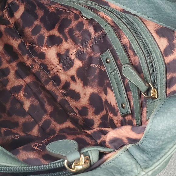 B Makowsky Purse Shoulder Bag Teal Aqua Tiger Print Liner - Picture 4 of 12